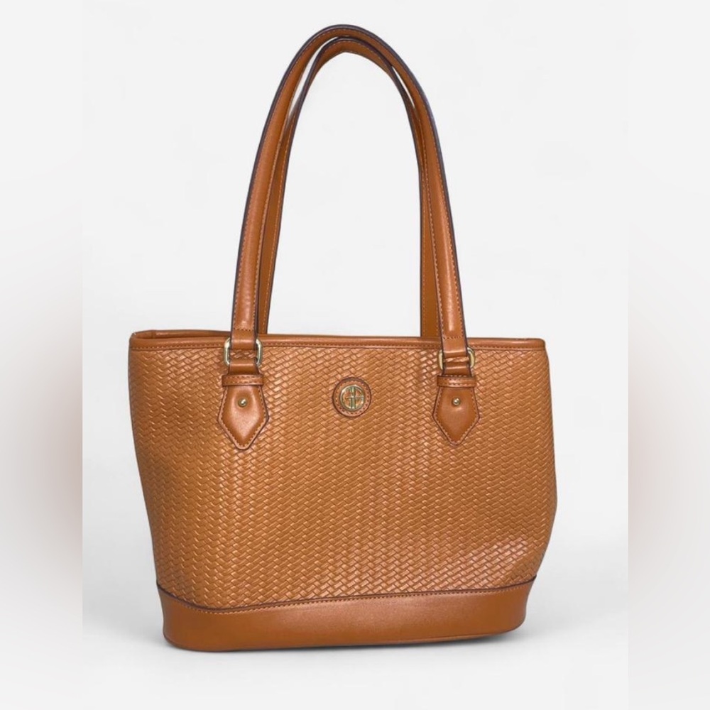Giani Bernini Tan Woven Leather Tote – Gold Hardware – Zip Closure